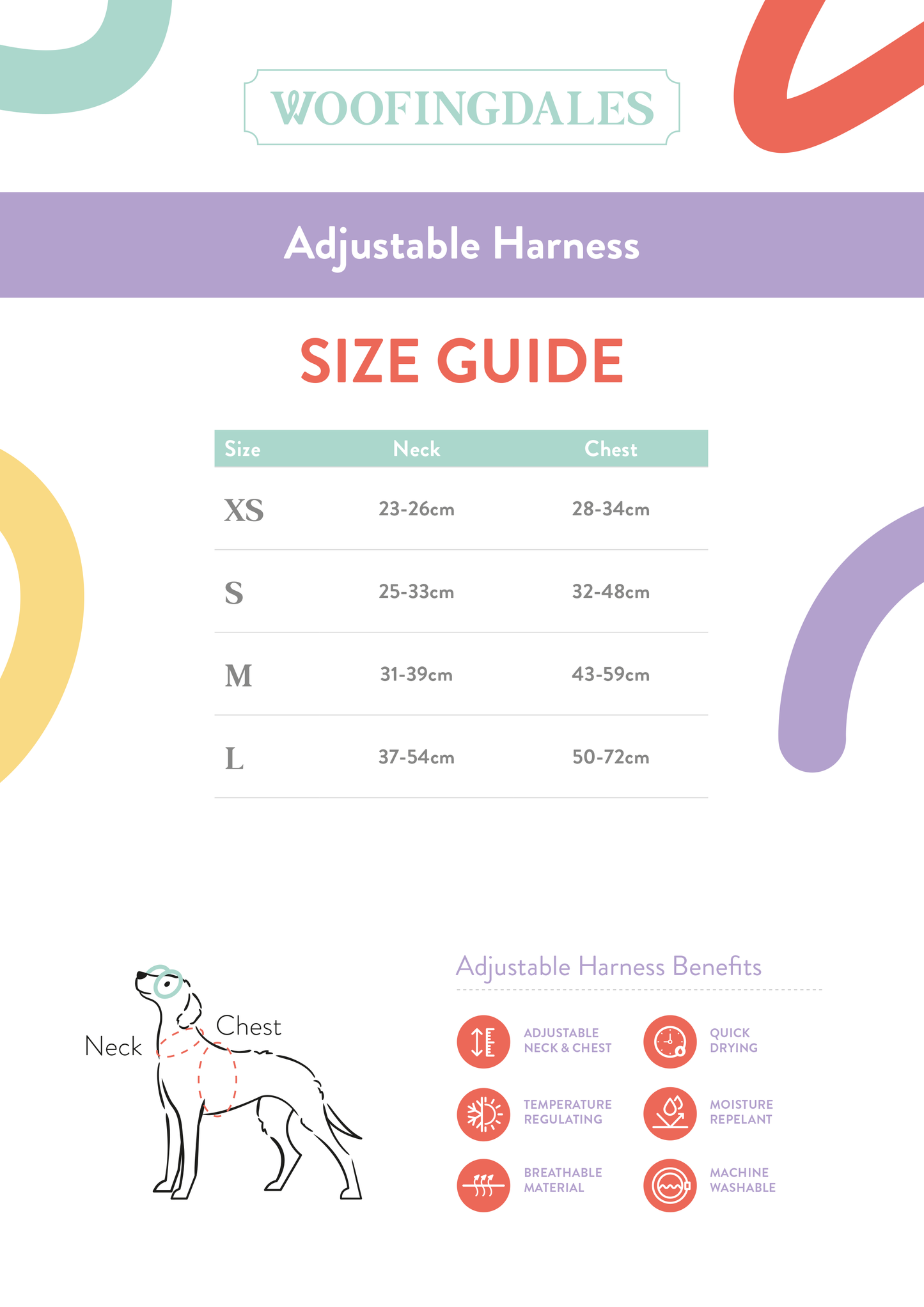 Woofingdales adjustable harness size guide